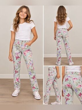 Girls Size 14 Floral Butterfly Print Pants Mint Green Pink Purple